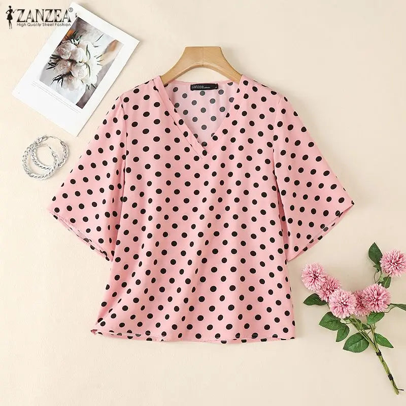 ZANZEA Woman Elegant Half Bell Sleeves Blouses Vintage Polka Dot V-Neck Loose Tops 2026 Summer Vacation Casual Blusas de Mujer
