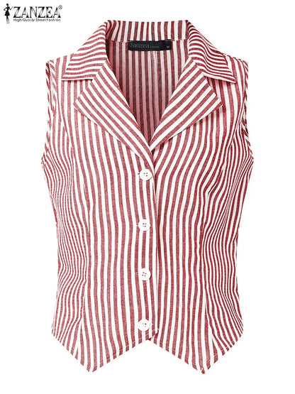 ZANZEA Womens Fashion Striped Waistcoat 2025 Summer Elegant Lapel Sleeveless Vests Tops Commute Office Lightweight Tank Tops