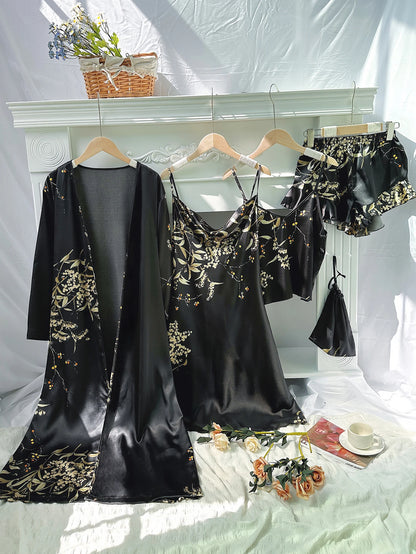 Fashion Womens 5 Piece Cherry Print Pajama Set Luxury V Neck Robe Nightdress Casual and Comfortable Home Clothes for Summer