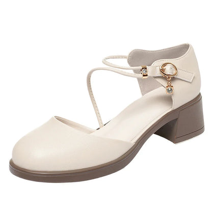 2025 New Sandals Women's Mid-Heel Soft Leather Shoes Thick Heel Summer One-Button Hollow Comfortable And Elegant Mother's Shoes