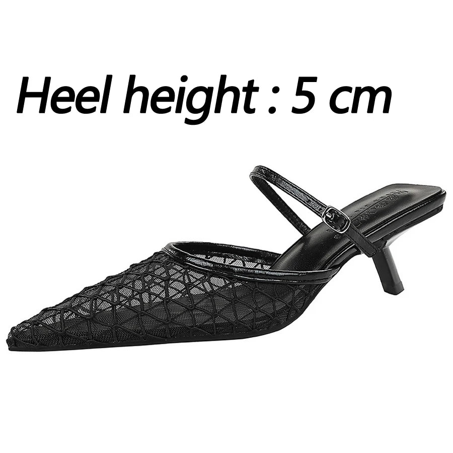 BIGTREE Shoes Mesh Lace Pointed Women Sandals Buckle Kitten High Heels Stiletto Summer Sexy Half Slipper Women Shoes Breathable