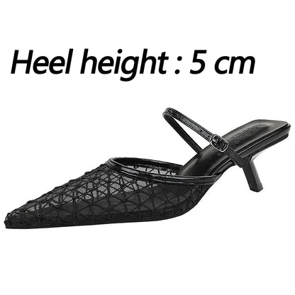 BIGTREE Shoes Mesh Lace Pointed Women Sandals Buckle Kitten High Heels Stiletto Summer Sexy Half Slipper Women Shoes Breathable
