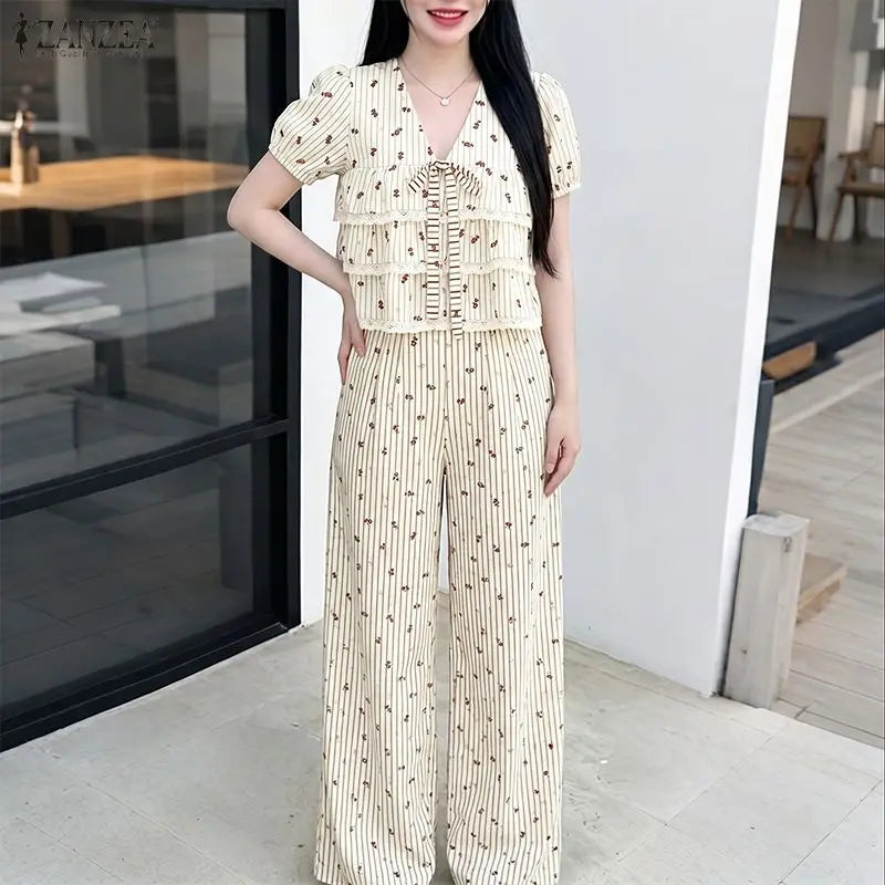 ZANZEA Women Striped 2 Piece Matching Pant Sets Layered Ruffles Lace Trim Short Blouses & Wide Leg Pants Suits Casual Outfits