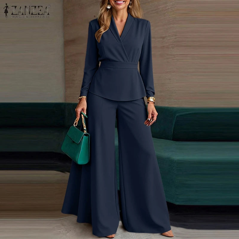 ZANZEA Plus Size Women's Minimalist Pant Suits Wide Leg Flared Pant & Long Sleeve Blouse 2pcs Sets Casual Loose Sets Outfits 5XL
