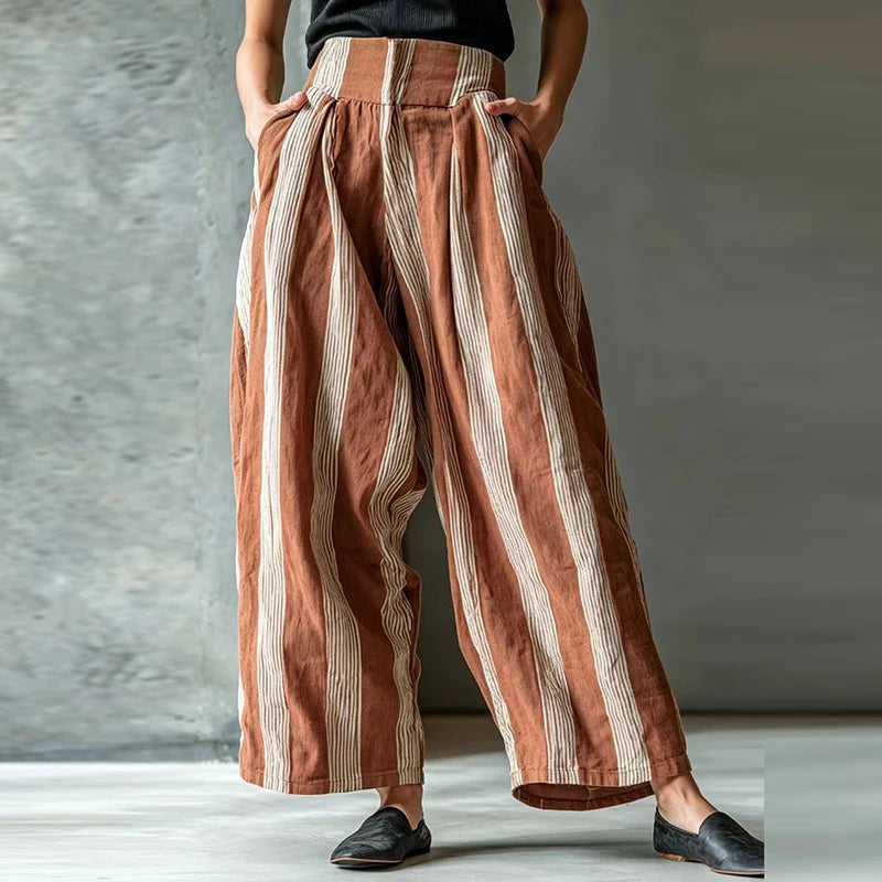 Summer High Waist Pocket Striped Printed Pants Women Casual Pocket Wide Leg Pants Female Fashion Streetwear