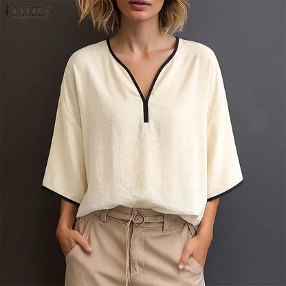 ZANZEA Woman Casual Blouses Contrast-Trim V-Neck 3/4 Sleeve Loose Tunic Tops Autumn 2026 Minimalist Daily Wear Blusas Mujer