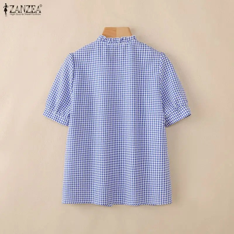 ZANZEA Woman Summer 2026 Gingham Shirts Elegant Ruffled Collar Short Puff Sleeves Button Up Checked Tops Women's Clothes S-3XL