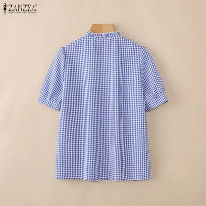 ZANZEA Woman Summer 2026 Gingham Shirts Elegant Ruffled Collar Short Puff Sleeves Button Up Checked Tops Women's Clothes S-3XL