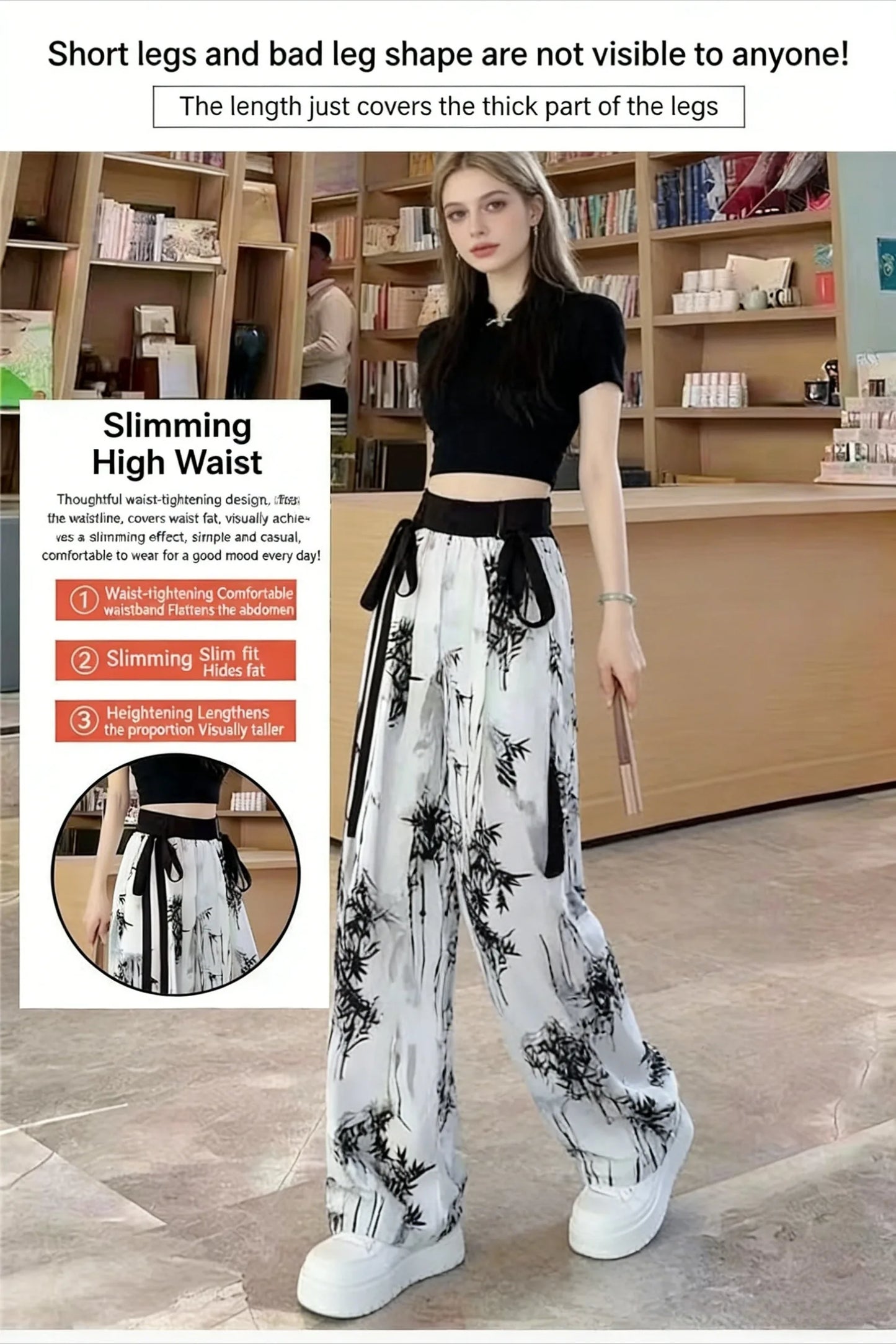 Ink Painting Printed High Waisted Wide Leg Pants for Women Summer Thin Chiffon Streamers Loose Casual Floor Mopping Pants
