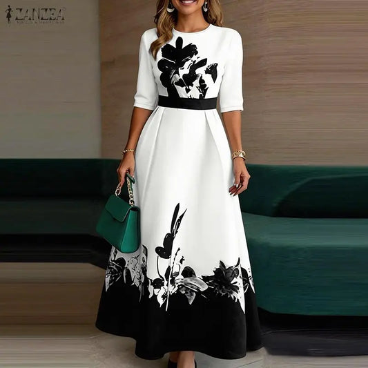 ZANZEA Stylish Floral Printed Dress Bohemian Women Maxi Long Dress Trend O Neck Half Sleeve Party Dresses Elegant Evening Gown