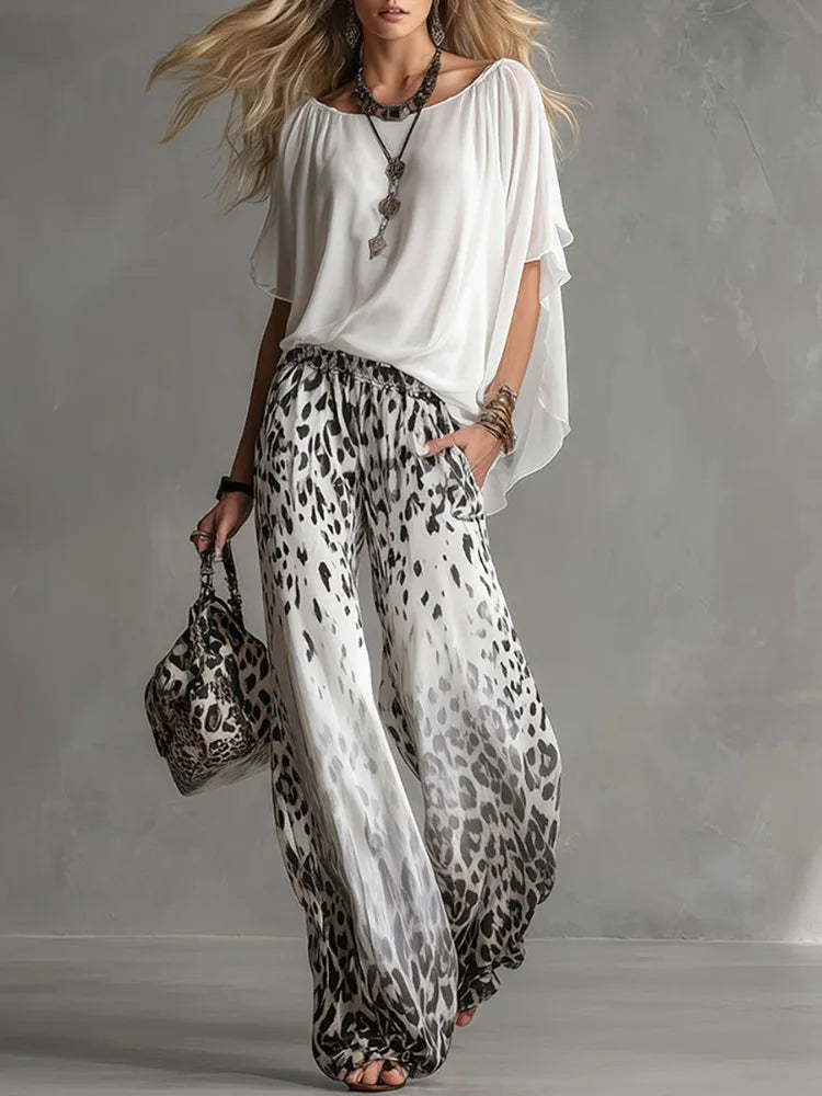 Missuoo Women's Watercolor Leopard Print Elastic Waist Wide Leg Chiffon Palazzo Pants 2026 Summer Casual Vacation Trousers