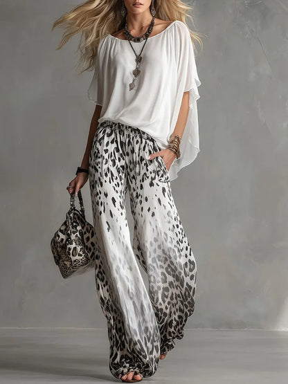 Missuoo Women's Watercolor Leopard Print Elastic Waist Wide Leg Chiffon Palazzo Pants 2026 Summer Casual Vacation Trousers