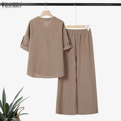 Women's Loose Pant Suits Half-Button Long Sleeve Blouse & Wide Leg Pant 2 Piece Sets ZANZEA Summer Daily Casual Pant Sets Outfit