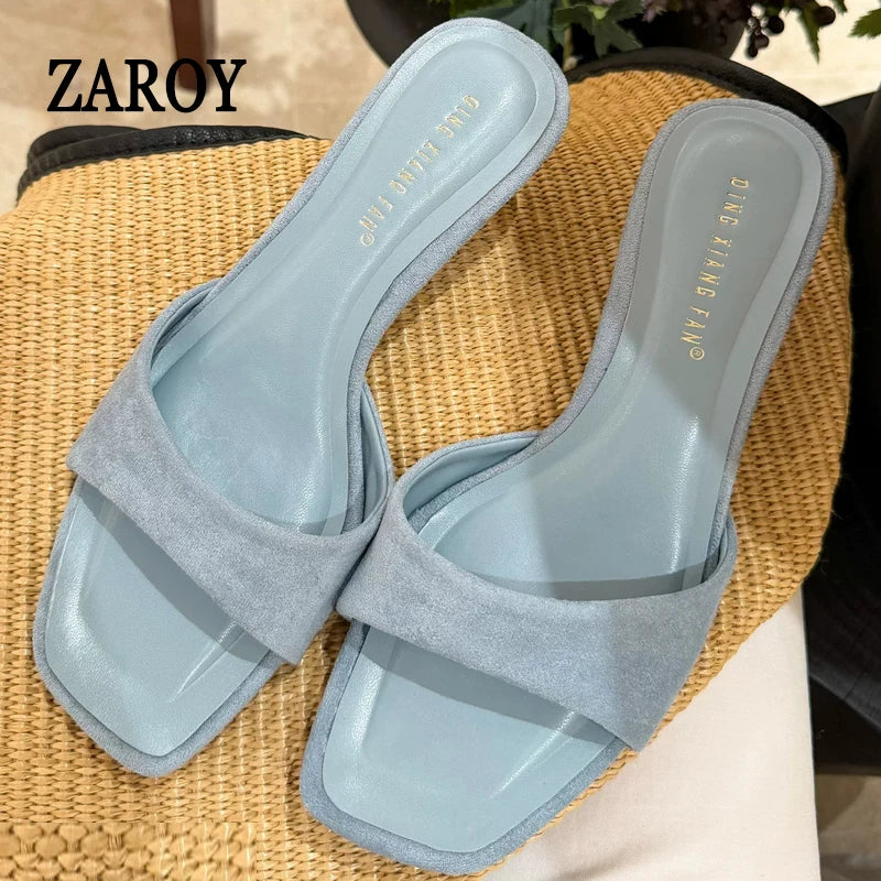 Casual Pull On Square High Heel Slippers Women Summer Footwear Suede Light Blue Backless Slide Brand Designer Party Dress Shoes