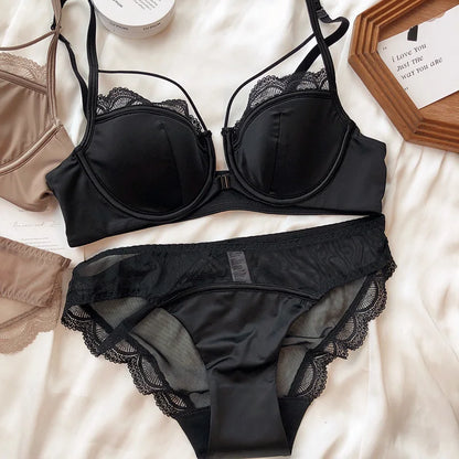 Sexy Hollow Front Buckle Bra Women Underwear Set French Lace Thin Cup Bralette Comfort Gather Push Up Bra and Panties Lingerie