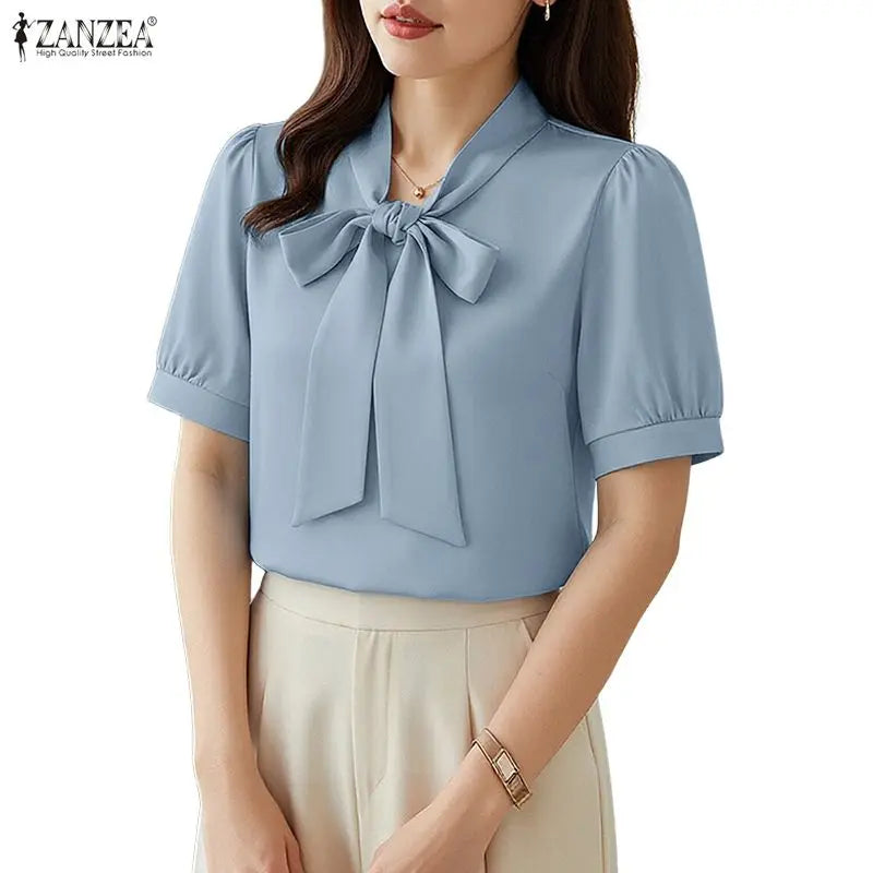 ZANZEA Woman Elegant Minimalist Blouses Bow Tie Neck Half Puff Sleeve Solid Color Tops 2026 Summer Casual Day Blusas de Mujer