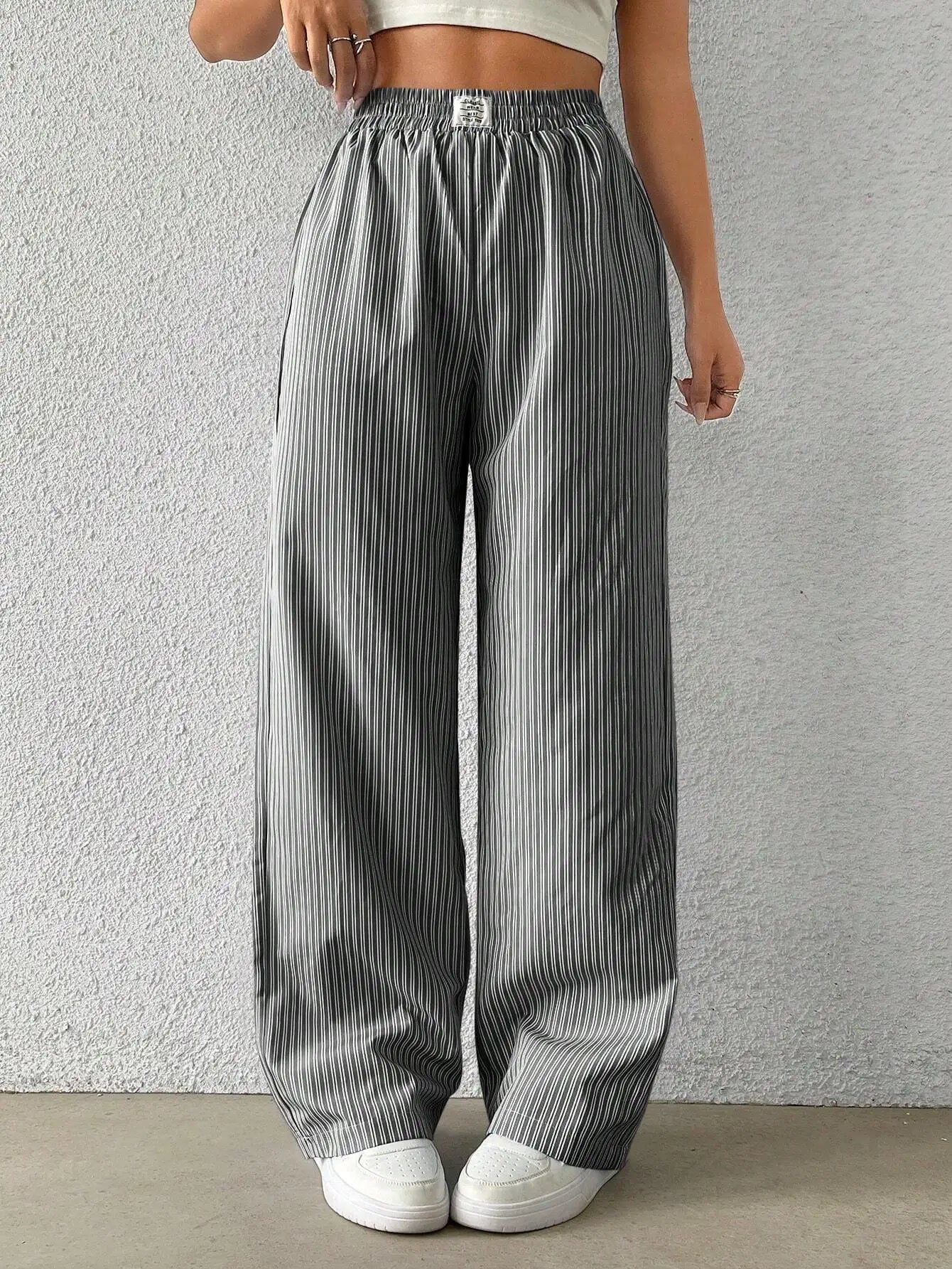 2026 Women's Casual Striped Woven Wide Leg Pants Fall Winter Casual Stylish Full Length Trousers Y2K Clothes Streetwear
