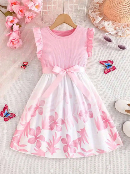 Floral print patchwork striped sleeveless dress and belt, popular style, suitable for daily travel