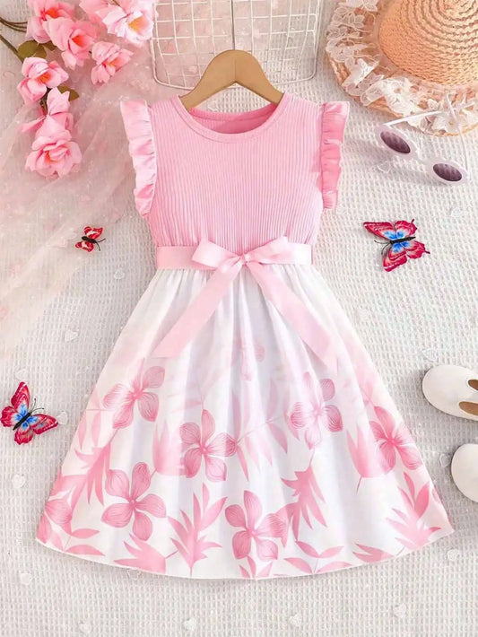 Floral print patchwork striped sleeveless dress and belt, popular style, suitable for daily travel