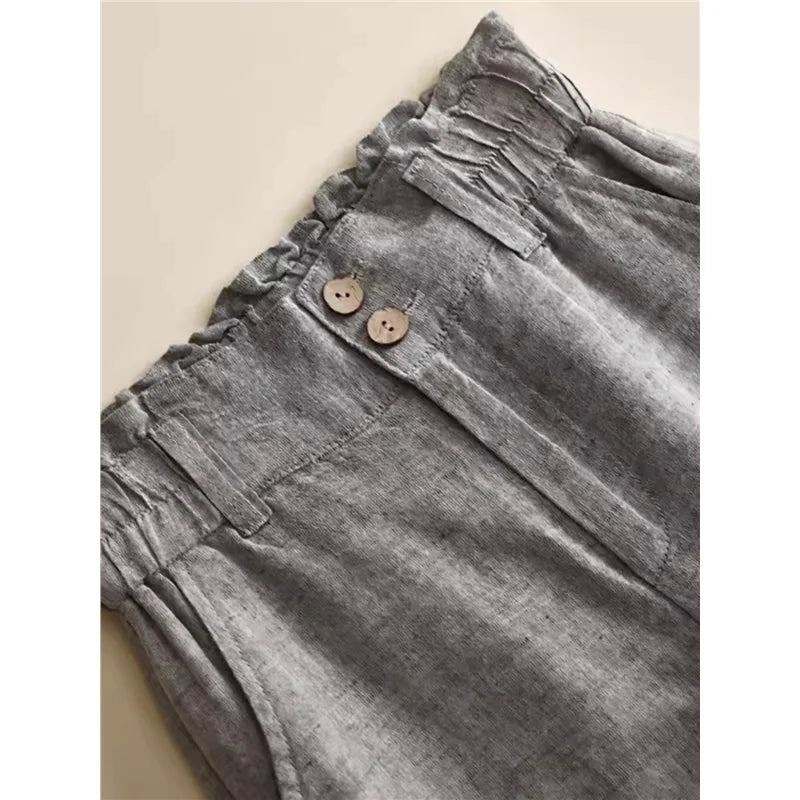 Grey Linen Wide Leg Pants Women's High Waist Drapey Loose Casual Cotton Linen Pants Flower Bud Waist Flax Straight Long Pants