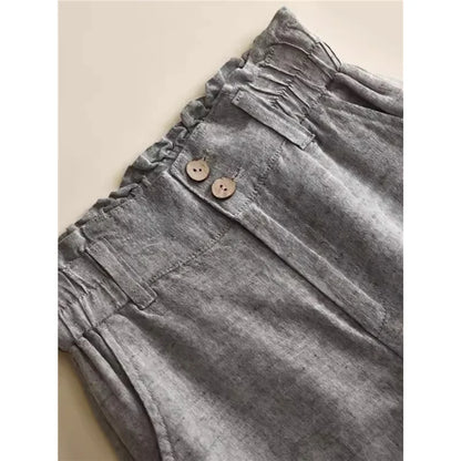 Grey Linen Wide Leg Pants Women's High Waist Drapey Loose Casual Cotton Linen Pants Flower Bud Waist Flax Straight Long Pants
