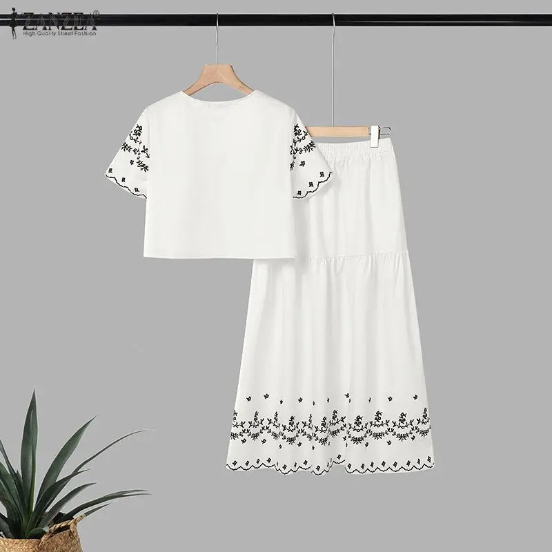 ZANZEA Bohemian 2 Piece Skirts Suits Women Summer Short Sleeve Cropped Shirt & A-Line Maxi Skirt Matching Sets Vacation Outfits