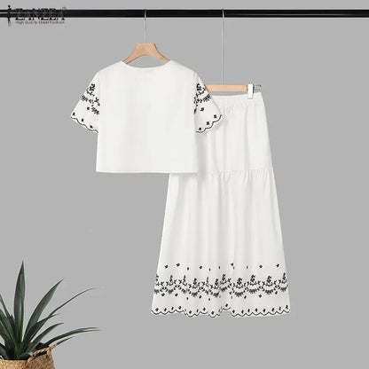 ZANZEA Bohemian 2 Piece Skirts Suits Women Summer Short Sleeve Cropped Shirt & A-Line Maxi Skirt Matching Sets Vacation Outfits