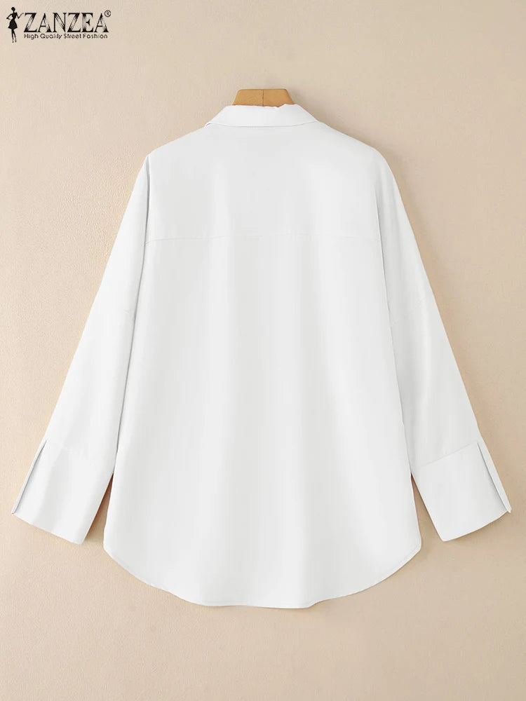ZANZEA Oversized Woman White Shirts Turn-Down Collar Long Sleeve Button Up High-Low Solid Color Blouse 2026 Autumn Streetwear
