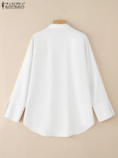 ZANZEA Oversized Woman White Shirts Turn-Down Collar Long Sleeve Button Up High-Low Solid Color Blouse 2026 Autumn Streetwear