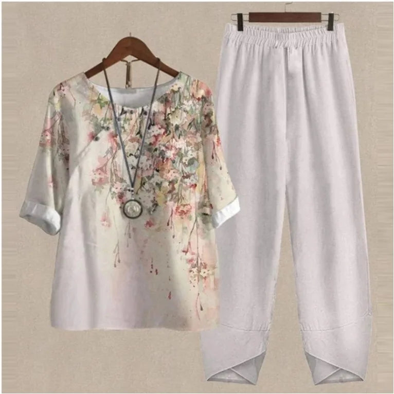 Summer Casual Two Piece Sets Women Loose Short Sleeve T-Shirt High Waist Pants Print Outfits Ladies Elegant Vintage top Pantsuit