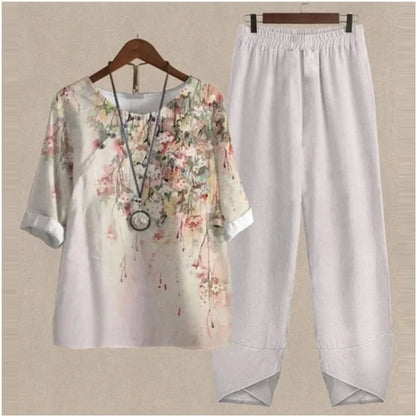 Summer Casual Two Piece Sets Women Loose Short Sleeve T-Shirt High Waist Pants Print Outfits Ladies Elegant Vintage top Pantsuit