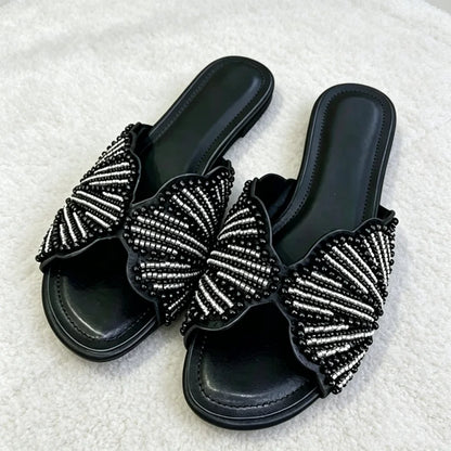 Luxury Faux Pearl Detail Women Slippers Novelty Shiny Appliques Design Flat Sandals for Ladies Summer Comfortable Women's Shoes