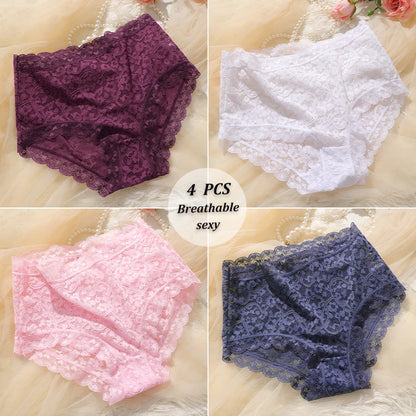 4PCS/SET Women Soft Lace Panties Breathable High Waist Underwear Hollow Sexy Lingerie Floral Solid Color Transparents Briefs New