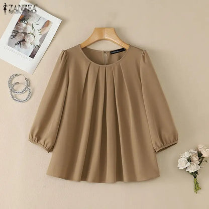 Casual ZANZEA Summer Autumn Women Blouse Elegant 3/4 Lantern Sleeve Pleated O-Neck Solid OL Work Party Tunic Tops Blusas