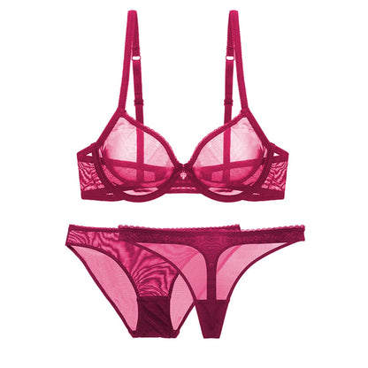 Ultra-thin Cup Mesh Lace Underwear Transparent Unlined 1 Bra+2 Panties Plus Size Bra Set For Ladies
