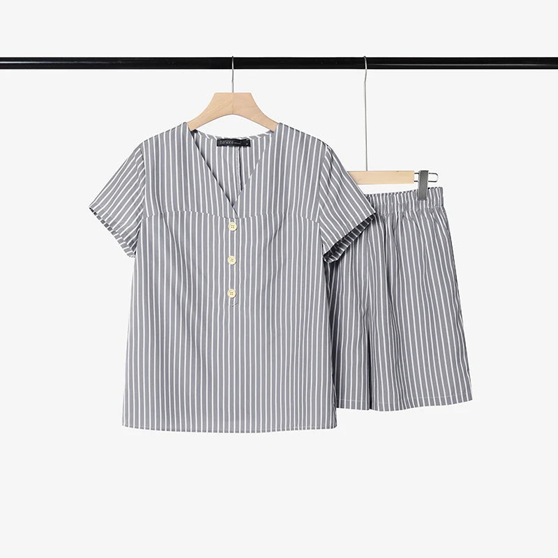 ZANZEA Fashion Summer 2 Piece Sets V Neck Short Sleeve Blouse Short Sets Women Casual Striped Outfits Holiday Tracksuit Oversize