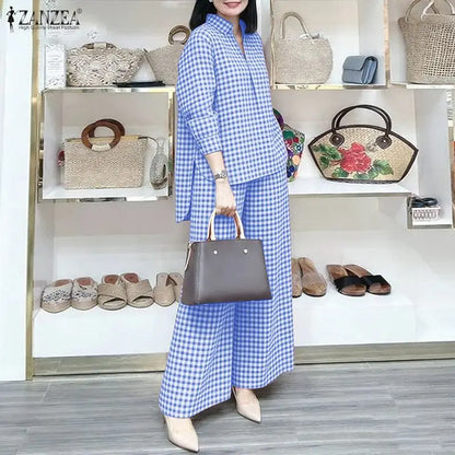 ZANZEA Women's Gingham Pant Suits Collared Long Sleeve High-Low Blouse & Wide Leg Pant 2 Pieces Sets Streetwear Casual Outfits