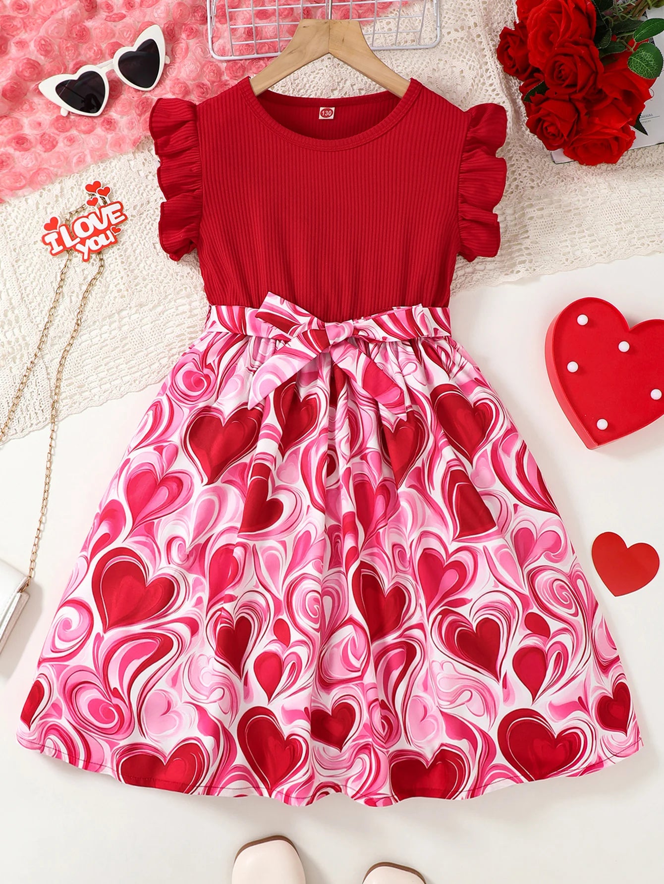 Girls Valentine's Day Dress Fashionable Comfortable Red round Neck Striped Mini Dress Heart Print Skirt for Kids
