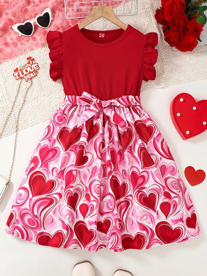 Girls Valentine's Day Dress Fashionable Comfortable Red round Neck Striped Mini Dress Heart Print Skirt for Kids