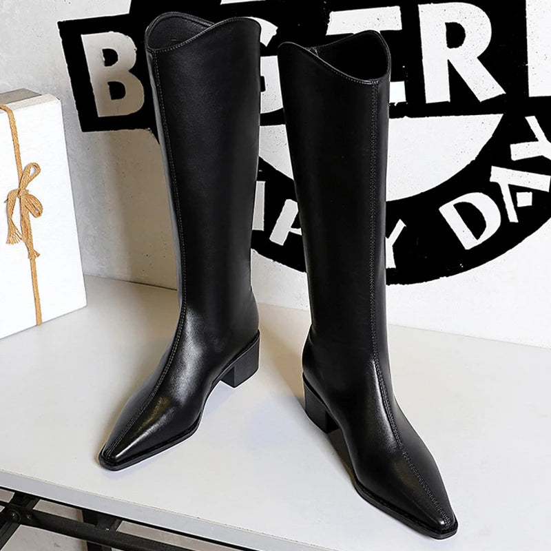 BIGTREE Shoe Women Knee-high Boots Retro Knight Boots Women Shoes Rear Zipper High Boots Thick Heel Autumn Winter Boots Mid Heel