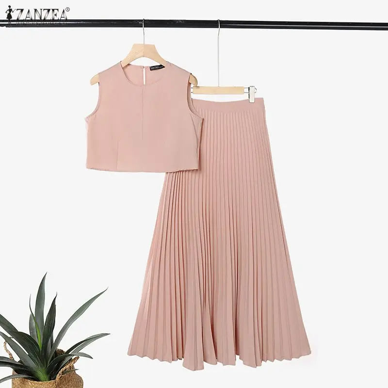 ZANZEA Elegant Thin Women Dress Sets Solid Color Summer 2PCS Two-piece Outfits Sleeveless Tops Blouse Pleated Long Skirt OL Work