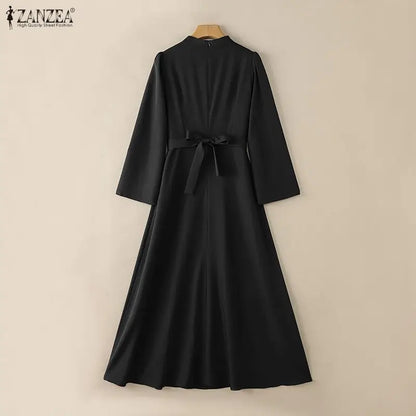 Fashion Muslim Abaya 2026 ZANZEA Women Stand Neck Long Sleeve Pleated Sundress Solid Belted Robe Dubai Hijab Dresses Oversize