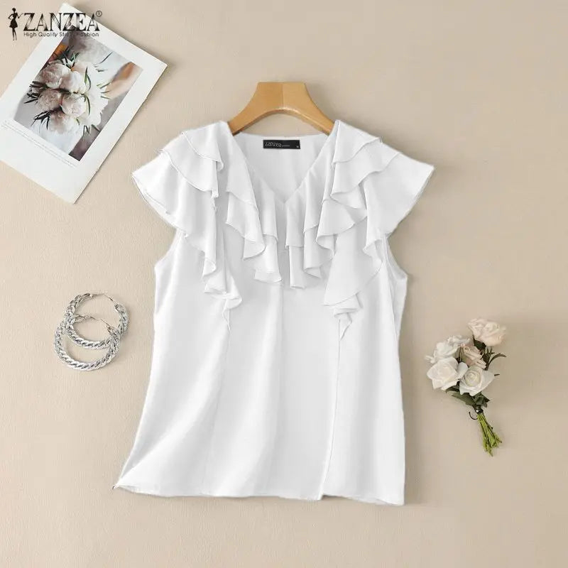 ZANZEA Women Layered Ruffles Blouses Elegant V-Neck Sleeveless Solid Color Top Summer Minimalist Casual Graceful Blusas de Mujer