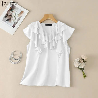 ZANZEA Women Layered Ruffles Blouses Elegant V-Neck Sleeveless Solid Color Top Summer Minimalist Casual Graceful Blusas de Mujer