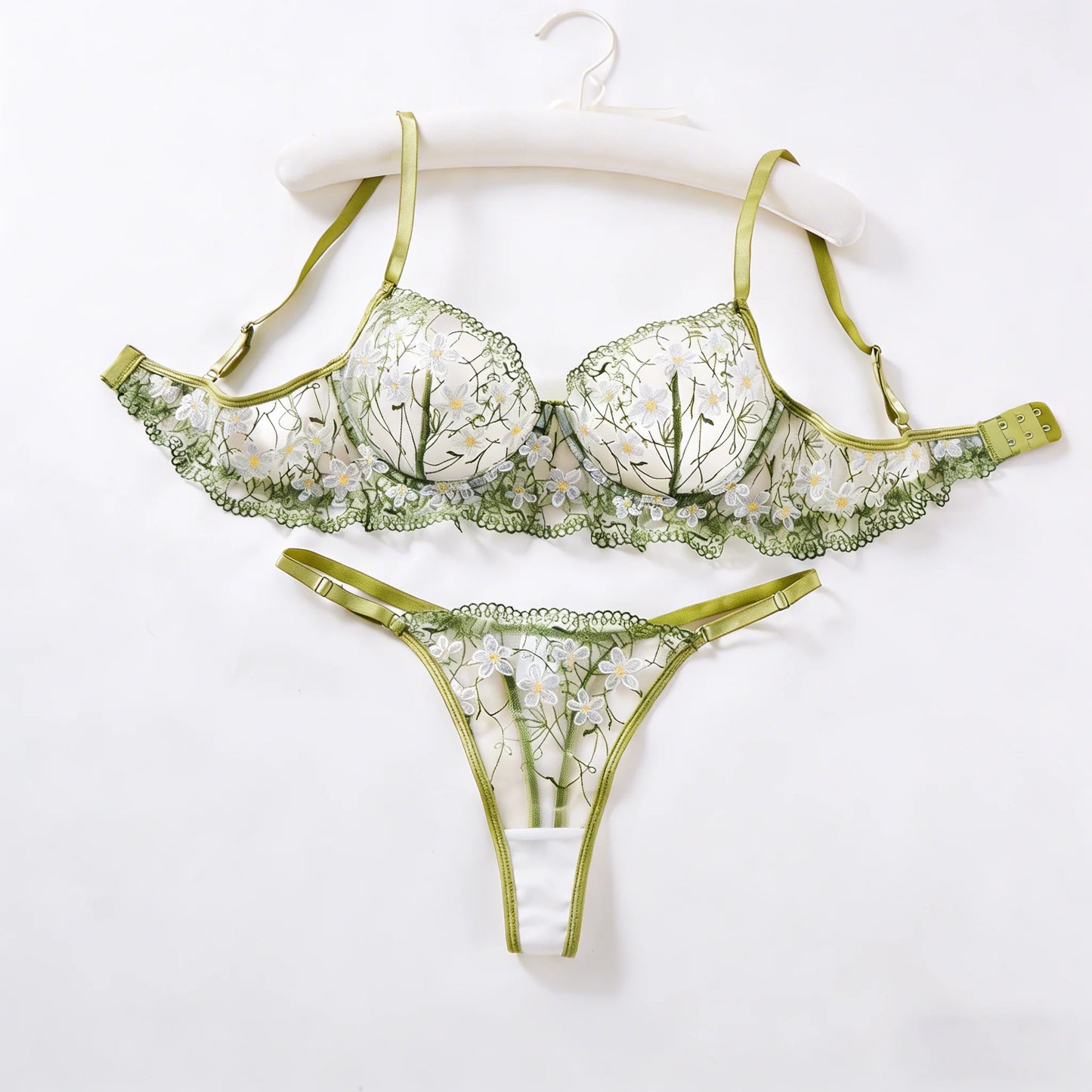 Ladies Sage Green Flower Embroidered Lace Bra Thong Set Sheer Mesh Lingerie Outfit Romantic Intimate Sleepwear ZA825194