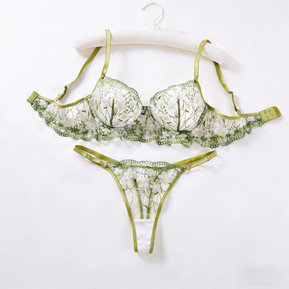 Ladies Sage Green Flower Embroidered Lace Bra Thong Set Sheer Mesh Lingerie Outfit Romantic Intimate Sleepwear ZA825194