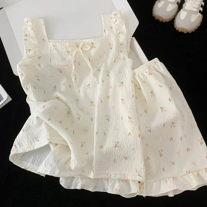 Childrens Floral Pajamas Set Summer Lightweight Cloud Cotton Vest with Shorts Princess Style for Girls Baby Homewear