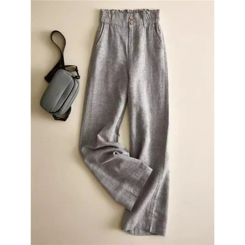 Grey Linen Wide Leg Pants Women's High Waist Drapey Loose Casual Cotton Linen Pants Flower Bud Waist Flax Straight Long Pants