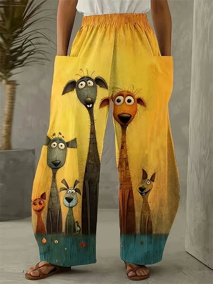 Women's Large Size Cartoon Cat Loose Wide-legged Pants Fall And Winter Casual Elastic Waist Pants Home Large Size Women Clothing