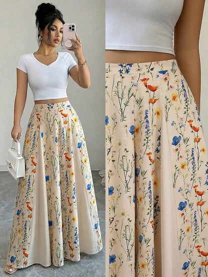 Vintage Floral Print High Waist Flowy Wide Leg Pants, Split Loose Beach Palazzo Pants